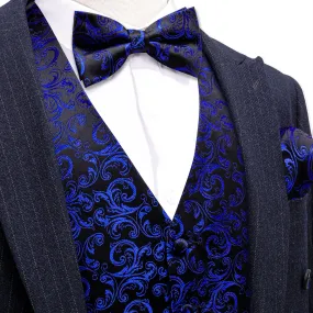 Klein Blue Black Floral Leaf Silk Men's Vest Bow Tie Handkerchief Cufflinks Set