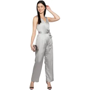 SLAY. Women's Silver Poly Shimmer Jumpsuit with waist belt