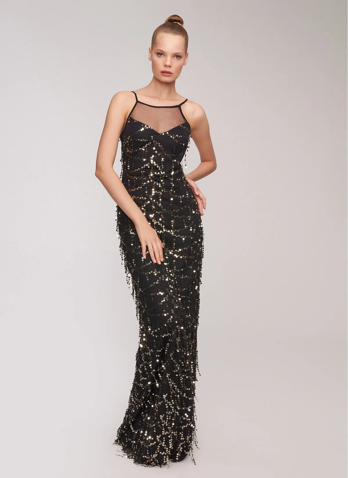 13503 Black-Gold Sequined Tassel Dress