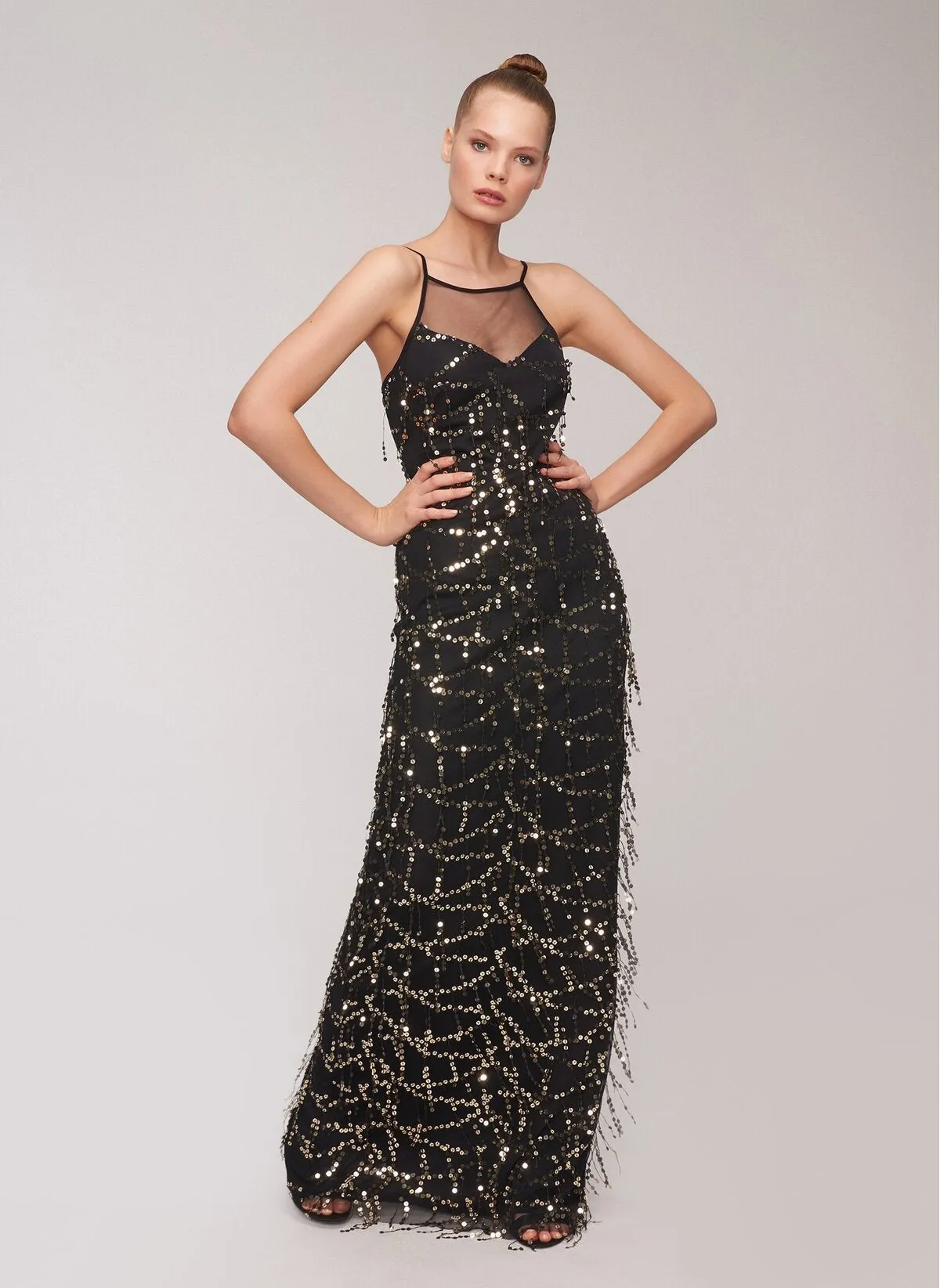 13503 Black-Gold Sequined Tassel Dress