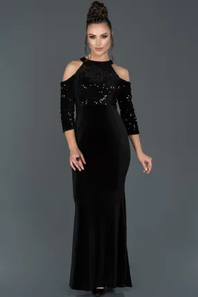 14497 Black Cold Shoulder Sequined Velvet Dress