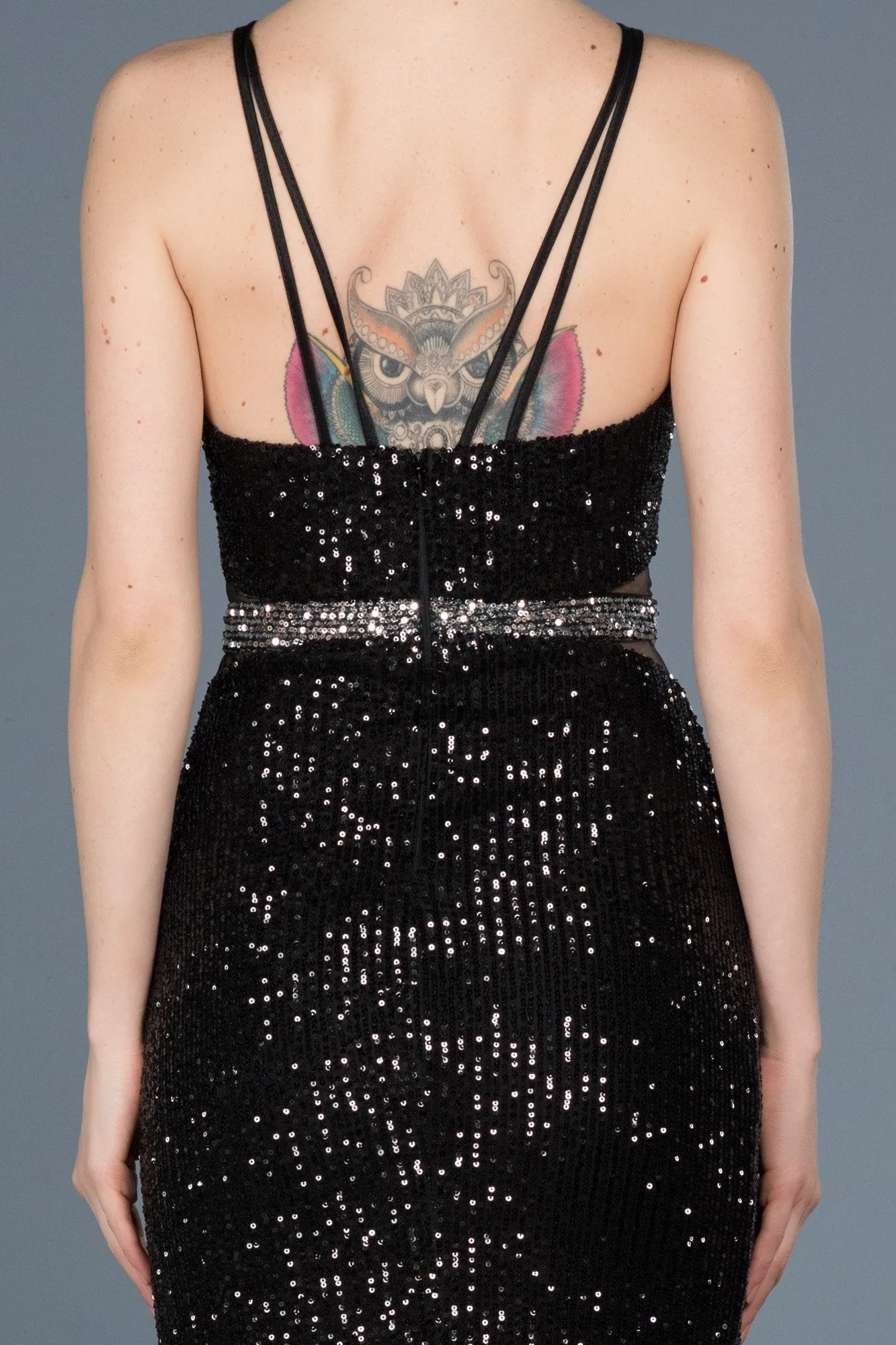 15771 Black-Silver Low Back Sequined Dress