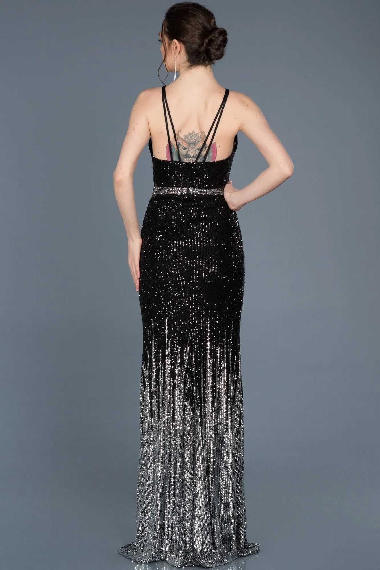 15771 Black-Silver Low Back Sequined Dress