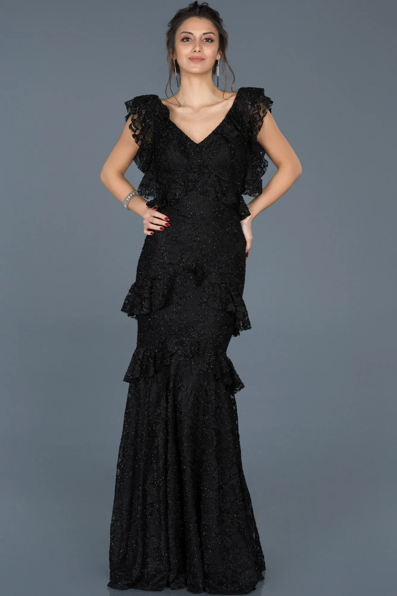 15795 Black Tiered Sequined Lace Dress