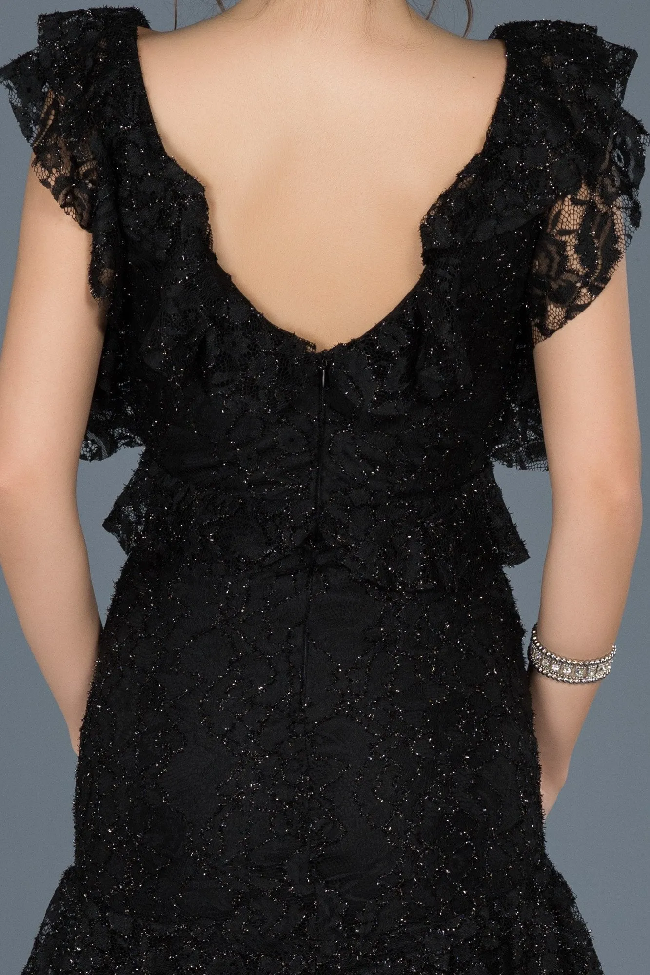 15795 Black Tiered Sequined Lace Dress