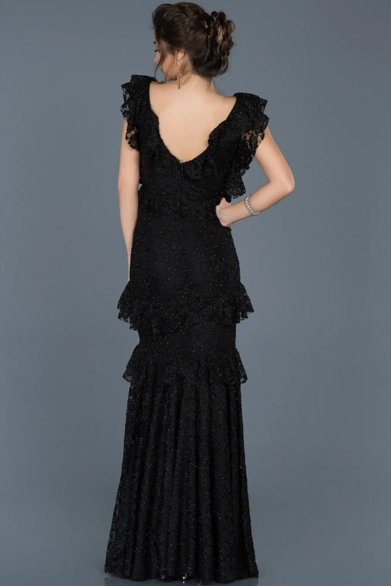 15795 Black Tiered Sequined Lace Dress