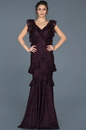 15796 Plum Tiered Sequined Lace Dress