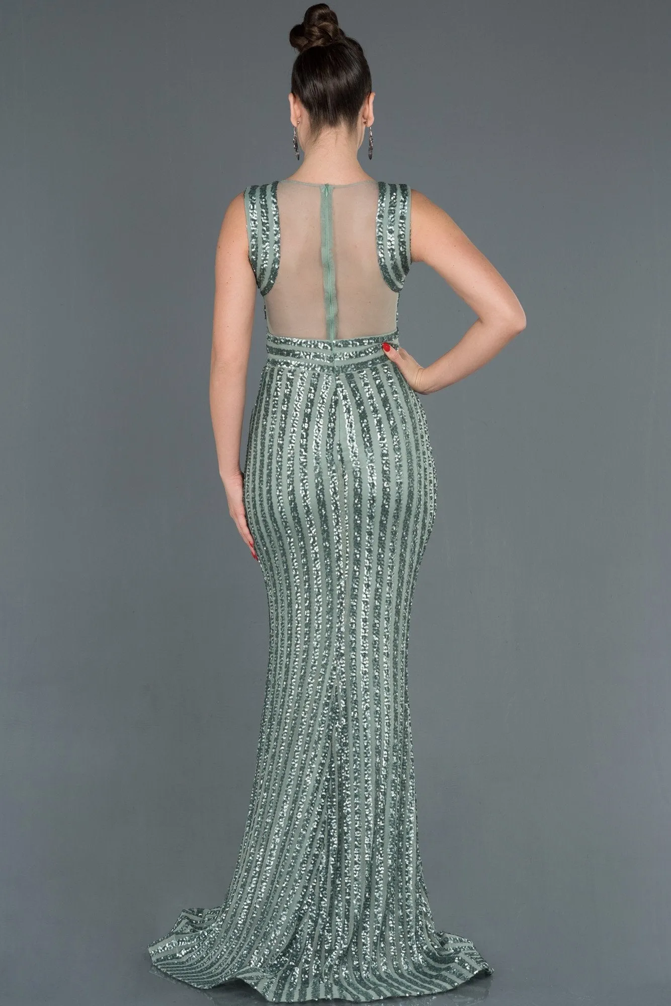 16016 Mint Transparent Back Tulle Sequined Dress