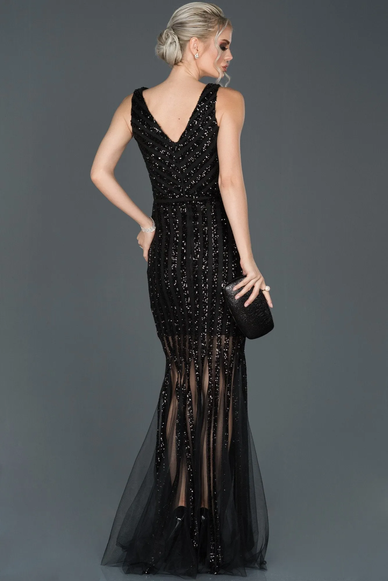 16057 Black Sequined Tulle Mermaid Dress