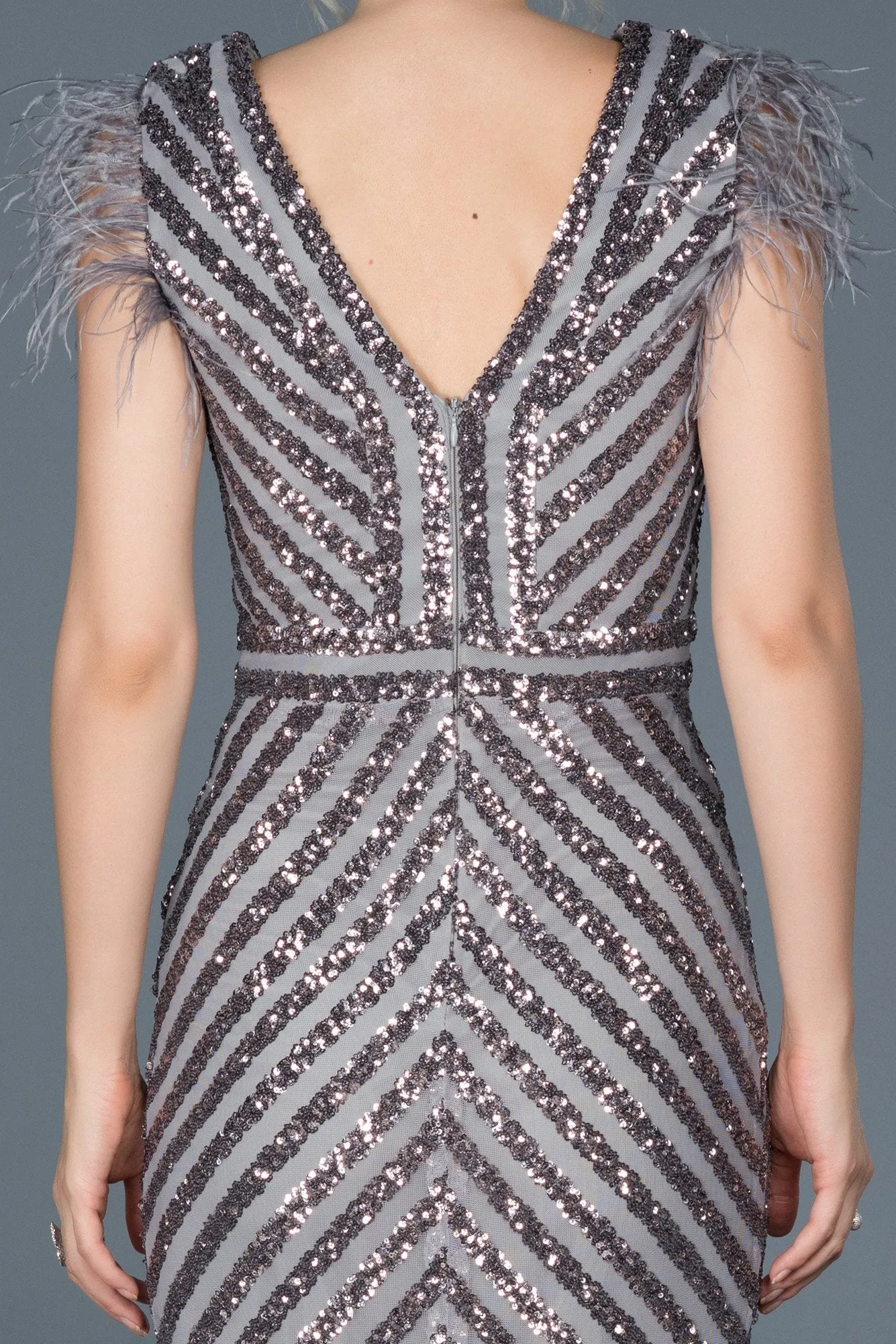 16073 Anthracite Feather Detail Sequined Dress