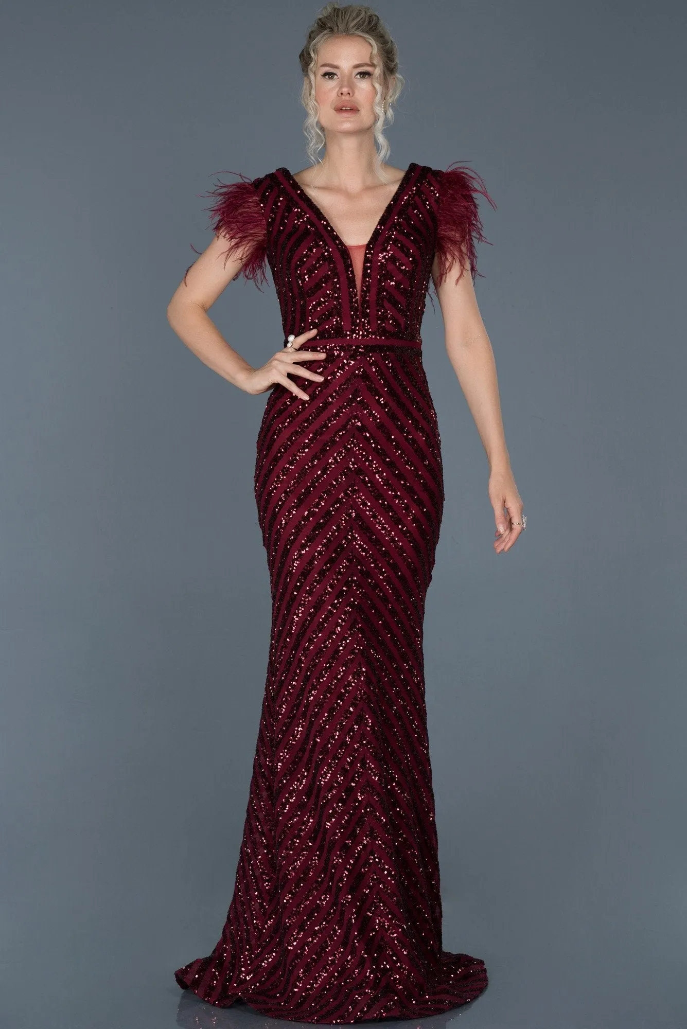 16076 Burgundy Feather Detail Sequined Dress
