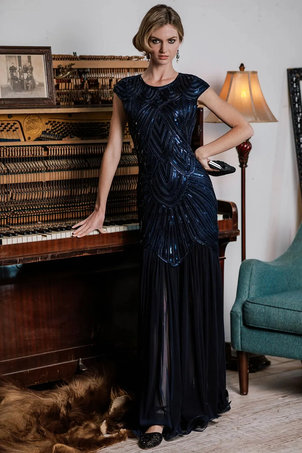 1920s Embroidery Sequin Maxi Dress