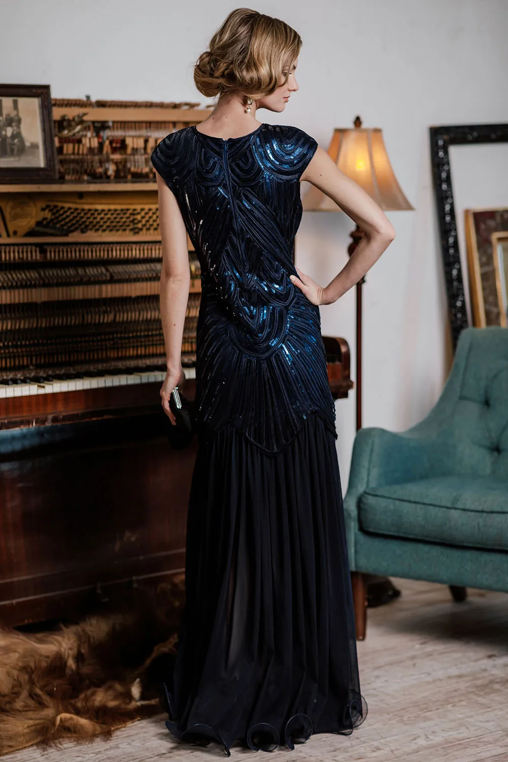 1920s Embroidery Sequin Maxi Dress