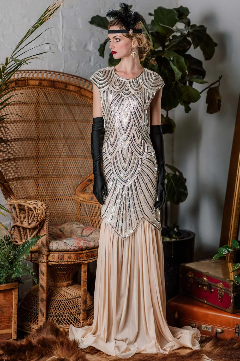 1920s Embroidery Sequin Maxi Dress