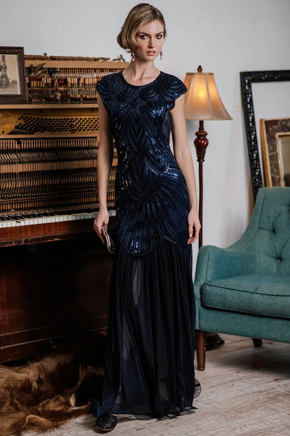 1920s Embroidery Sequin Maxi Dress