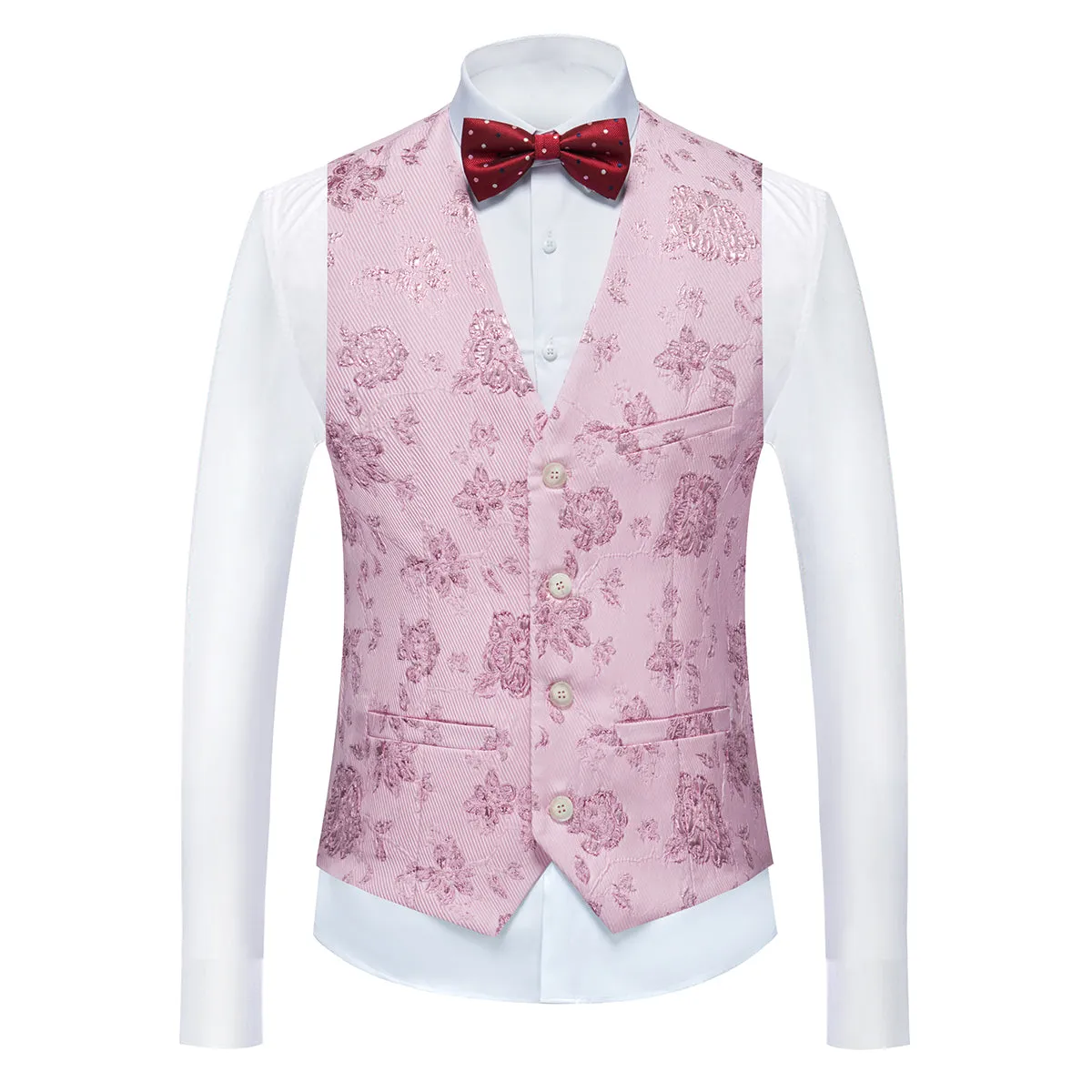 3-Piece Mens Floral Suit Slim Fit 1 Button Shawl Collar Suit Pink