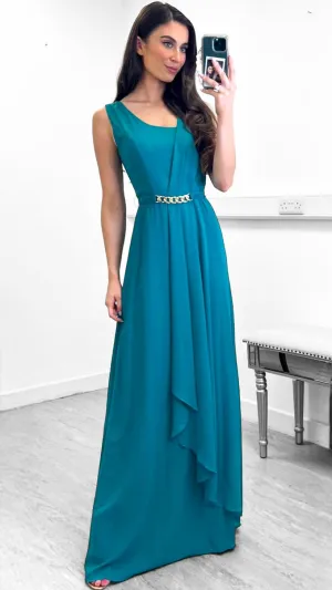 4-9991 Teal Gold Chain Maxi Dress