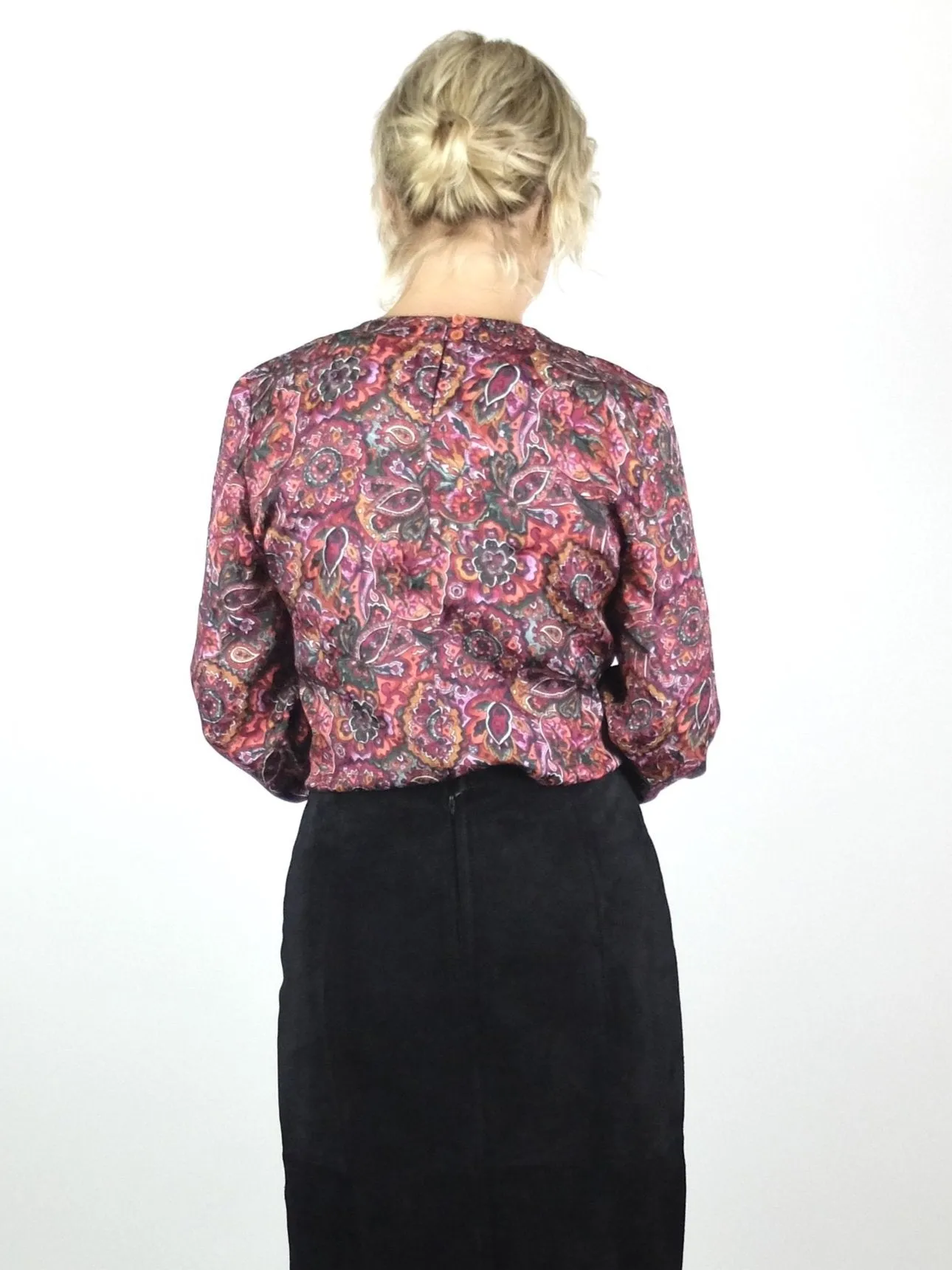 70s Psychedelic Mod Glam Rock Bright Pink Paisley Print Silky Long Sleeve Blouse