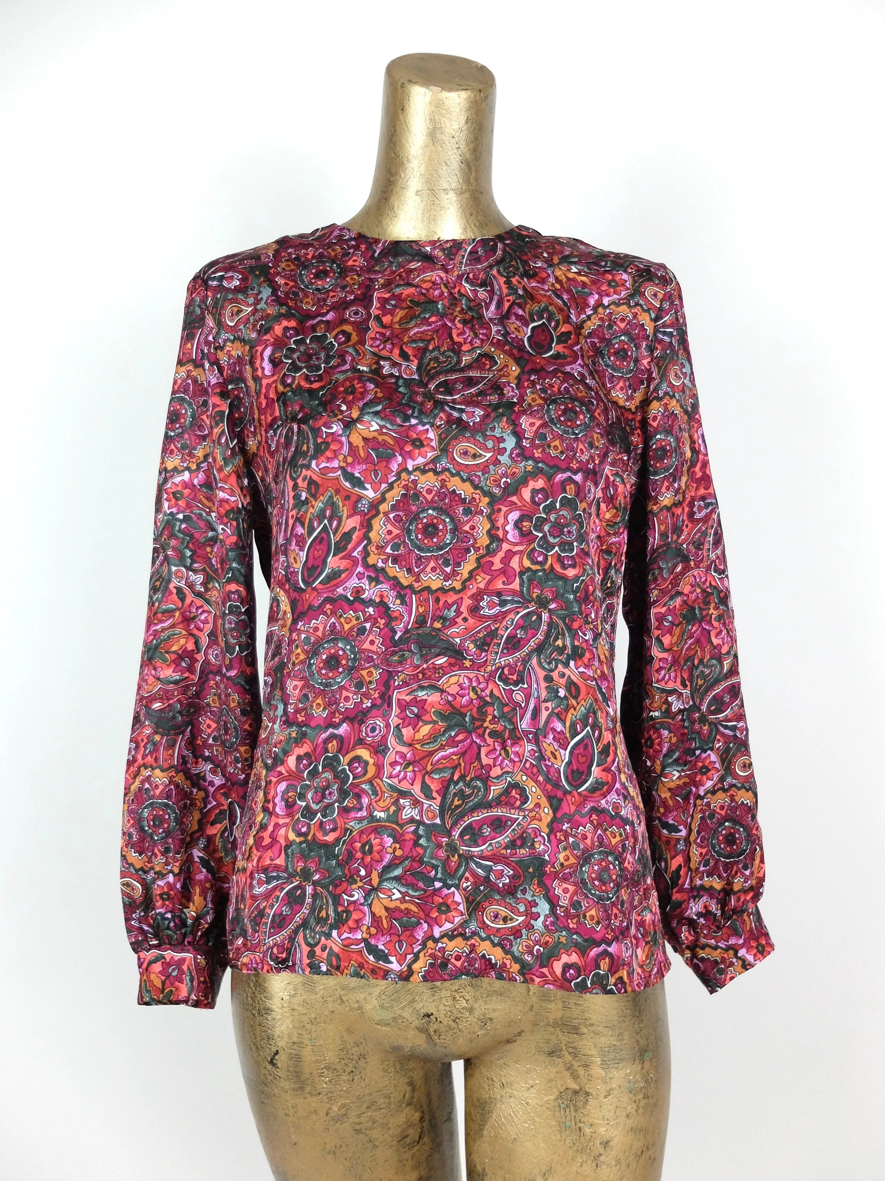 70s Psychedelic Mod Glam Rock Bright Pink Paisley Print Silky Long Sleeve Blouse