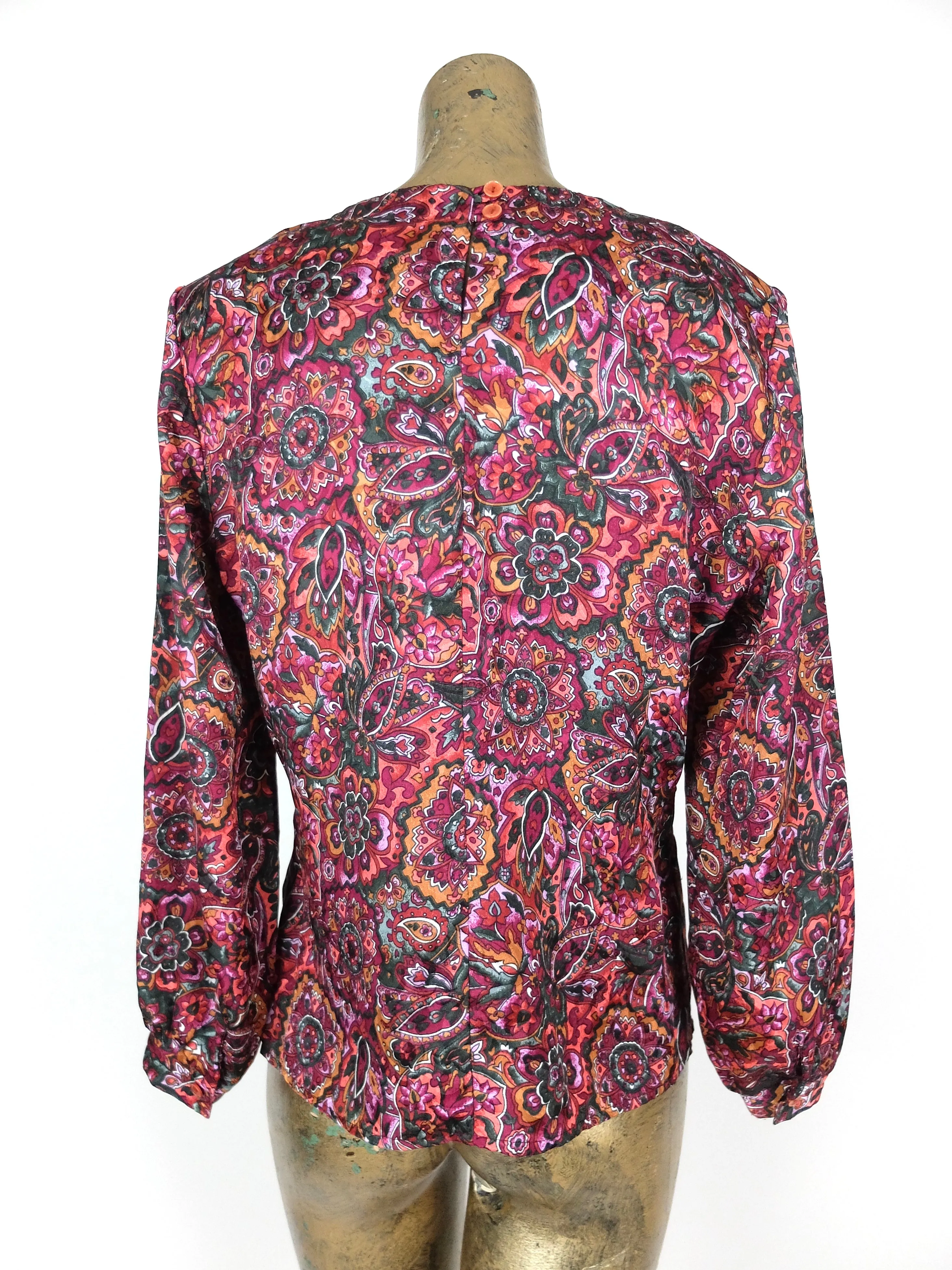 70s Psychedelic Mod Glam Rock Bright Pink Paisley Print Silky Long Sleeve Blouse