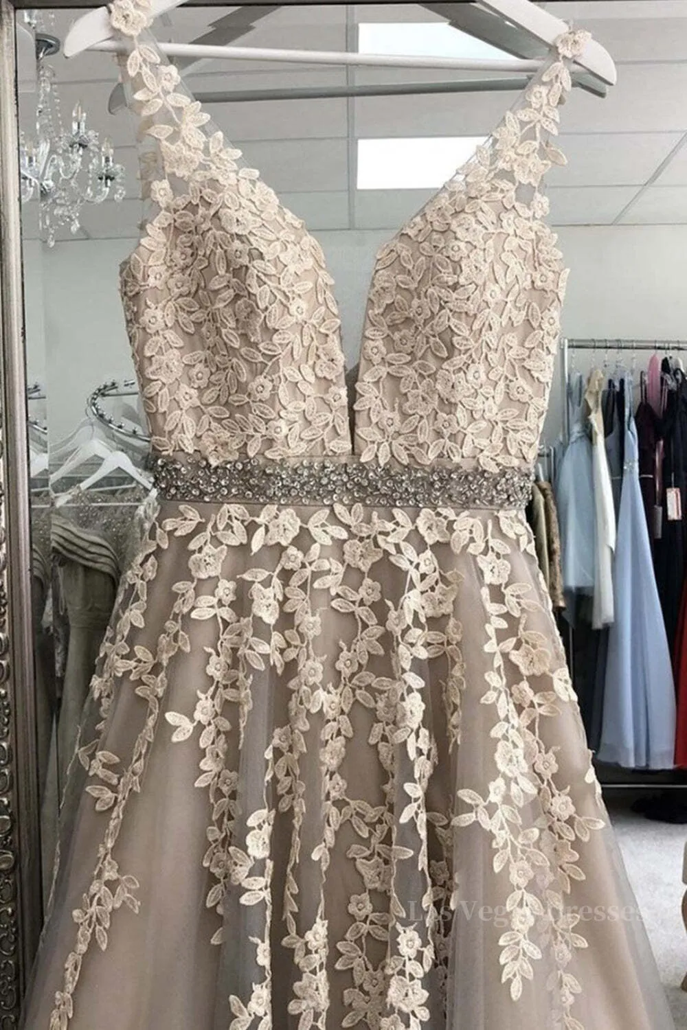 A Line V Neck Gray Lace Long Prom Dress with Belt, Gray Lace Floral Formal Dress, Gray Lace Evening Dress