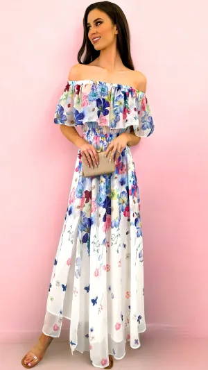 A1770 Azka Bardot Maxi Dress (Blue Floral)