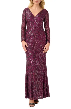 Adrianna Papell V-Neck Long Sleeve Bodycon Sequined Mesh Knit Gown