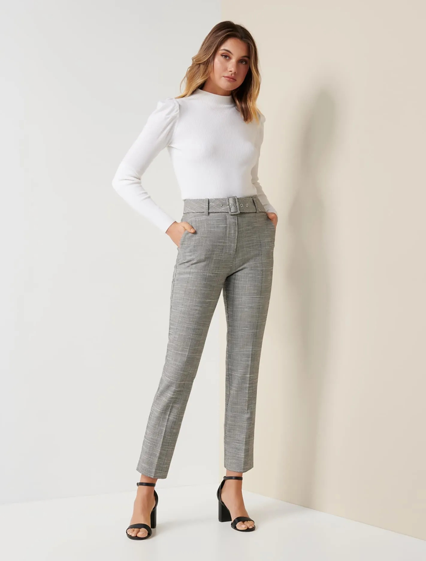 Alexa Petite Check Belted Pant