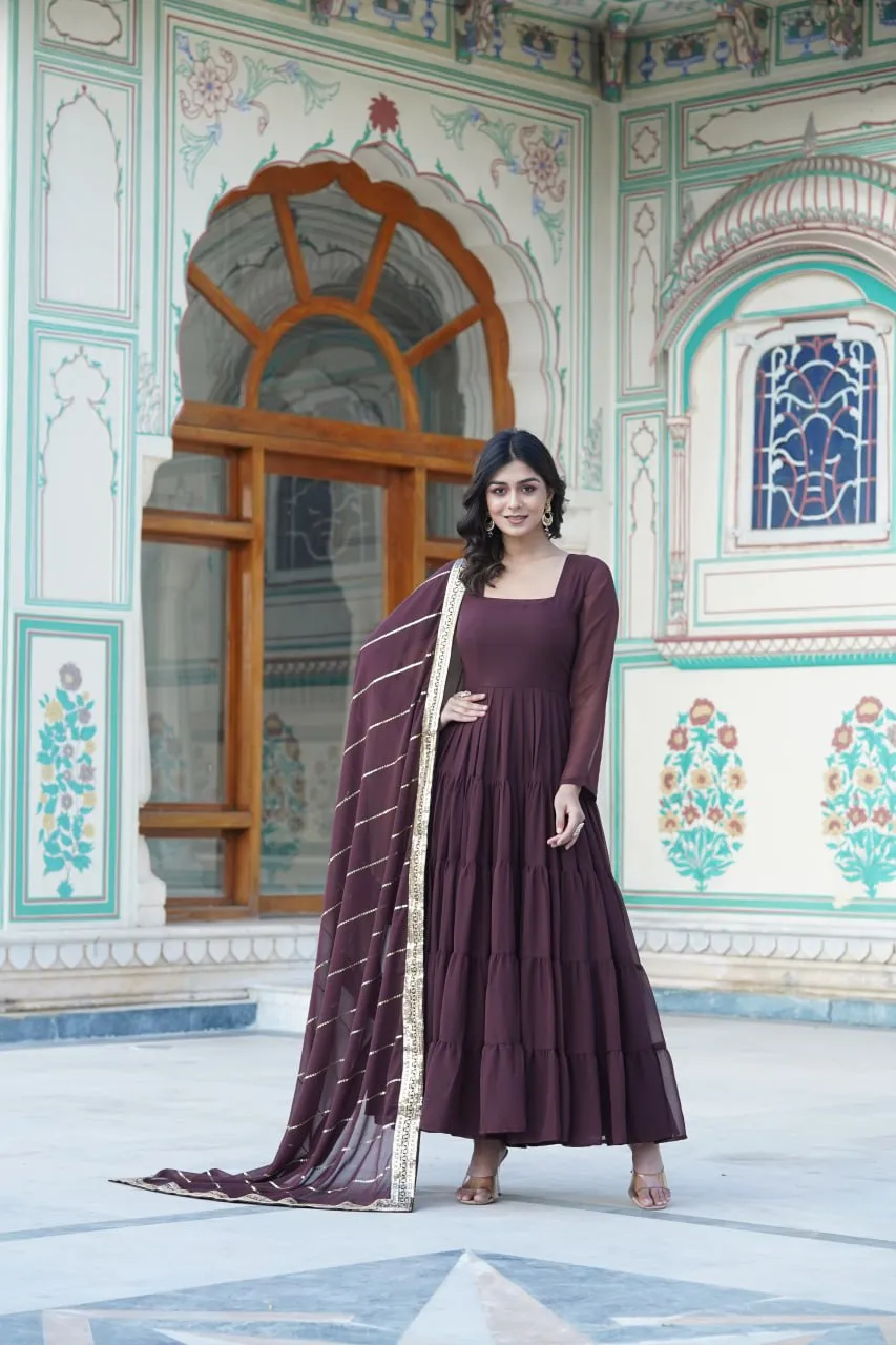 Alluring Brown Faux Georgette Gown with Sequined Dupatta