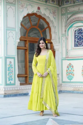 Alluring Parrot Green Faux Georgette Gown with Sequined Dupatta