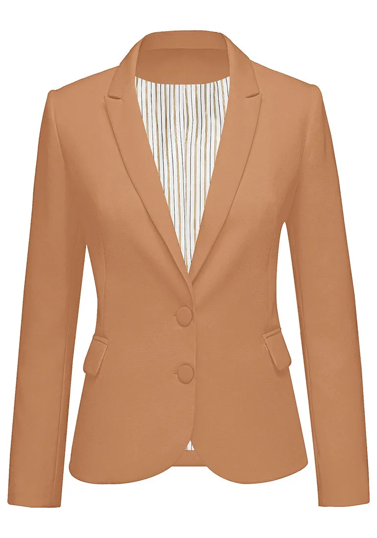 Almond Brown Women's Long Sleeve Formal Notch Lapel Button Down Blazer Pockets Jacket