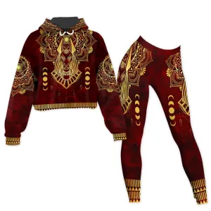 Anubis Pattern In Red Cropped Hoodie & Leggings Set