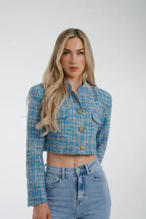 Arabella Crop Tweed Blazer In Blue