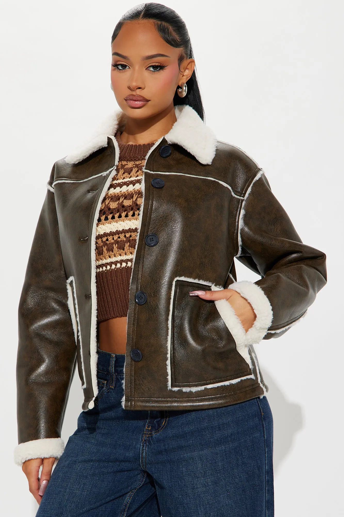 Around The Way Shearling Jacket - Brown