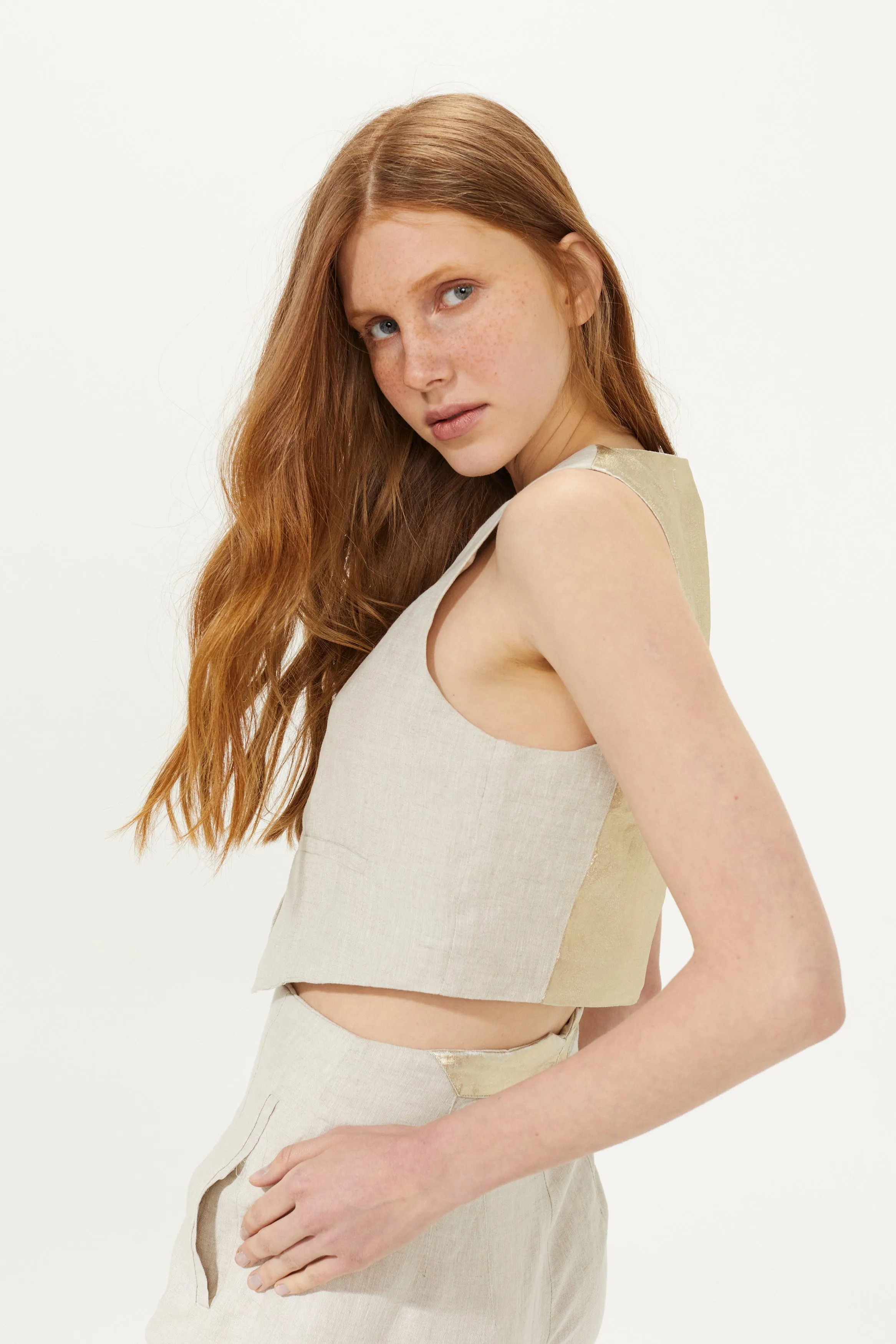 Aurora Linen Vest - Natural with Gold