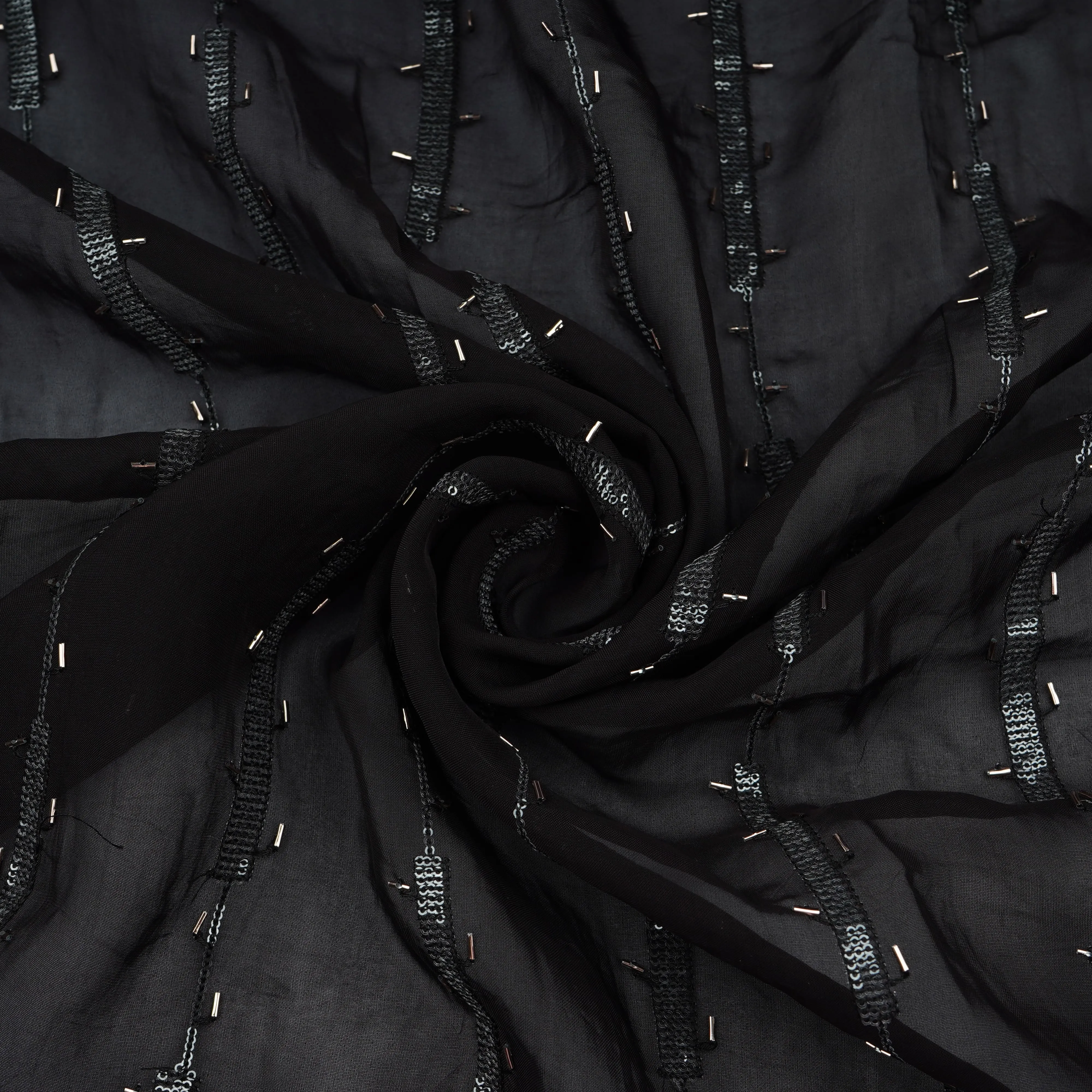 Black Cutdana Sequins Embroidery Organza Fabric 21007