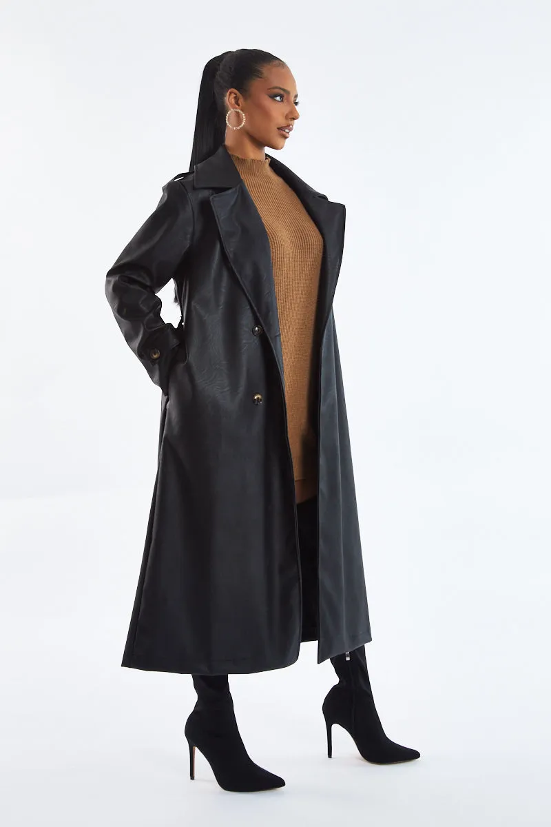 Black Faux Leather Oversized Double Breasted Trench Coat- Xia