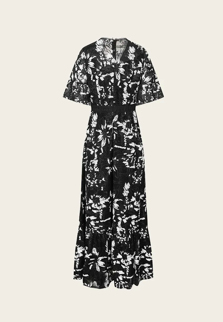 Black Floral Embroidered and Sequined Maxi Dress