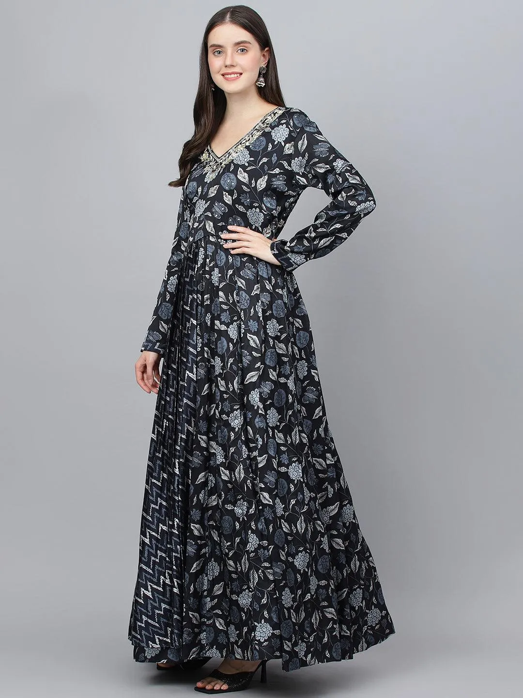 Black Floral Printed Gaji Silk Flared Gown