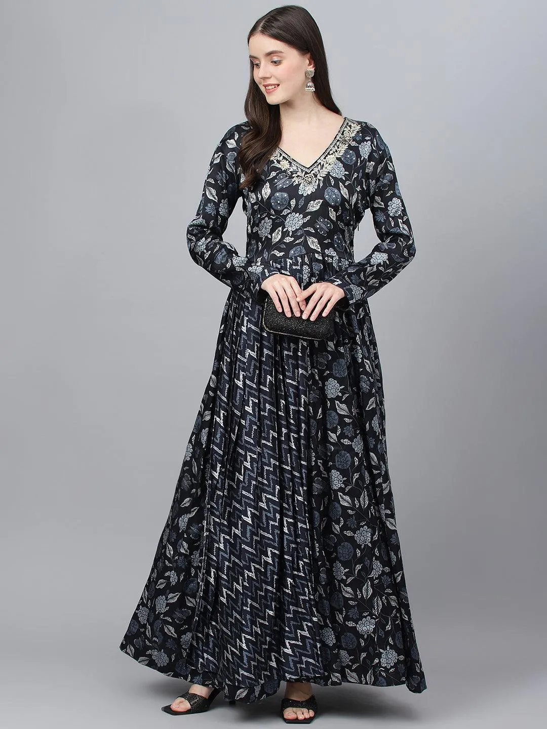 Black Floral Printed Gaji Silk Flared Gown