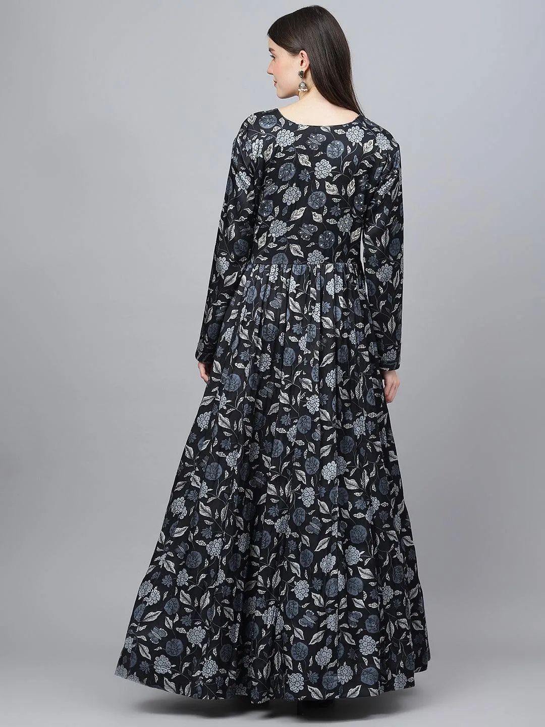 Black Floral Printed Gaji Silk Flared Gown