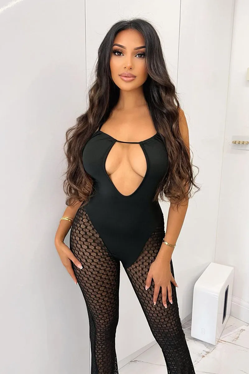 Black Halter Neck Mesh Legs Jumpsuit - Hadlee