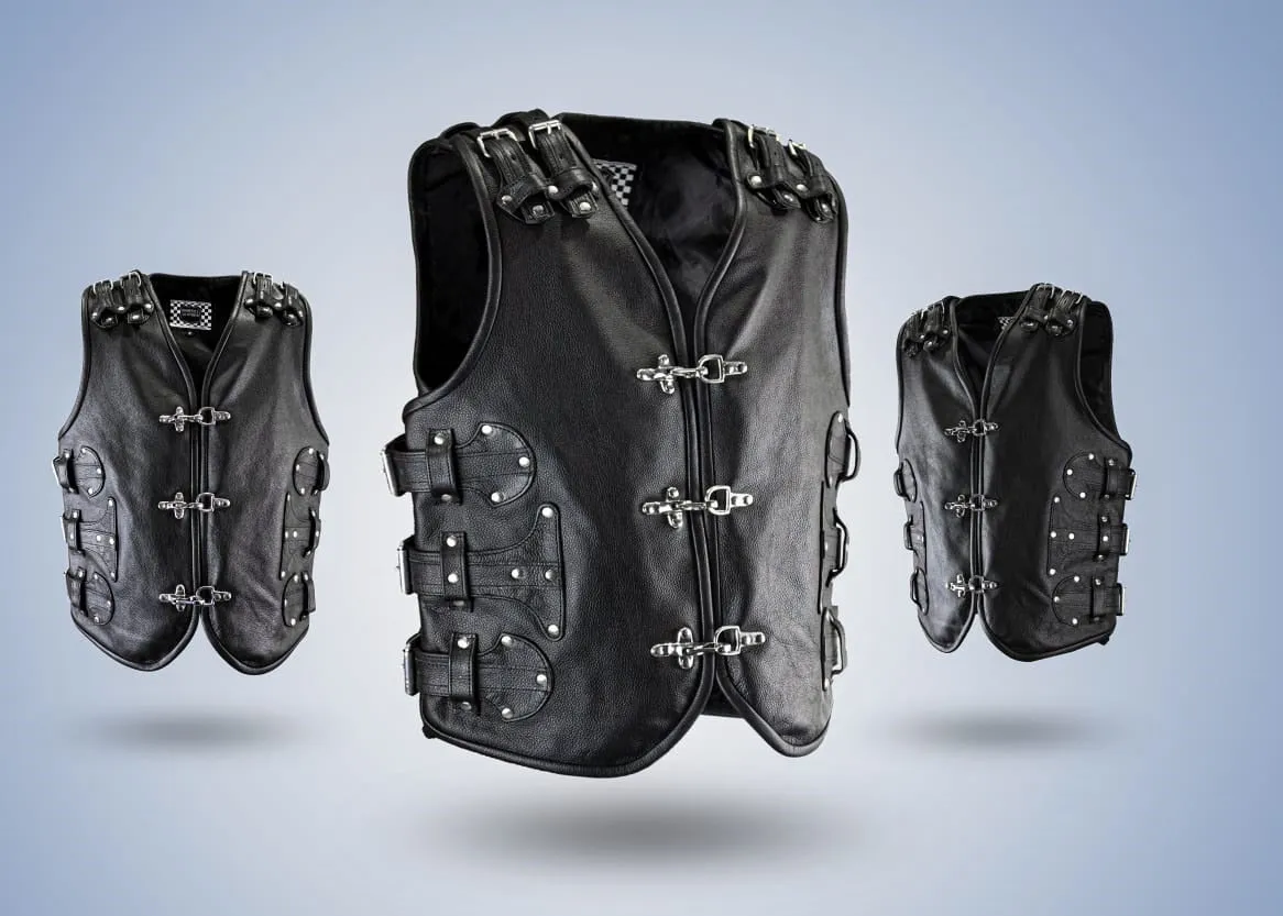 BLACK HL11649BLACK Heavy Metal Rocker Biker Waistcoat Motorcycle Leather Vest