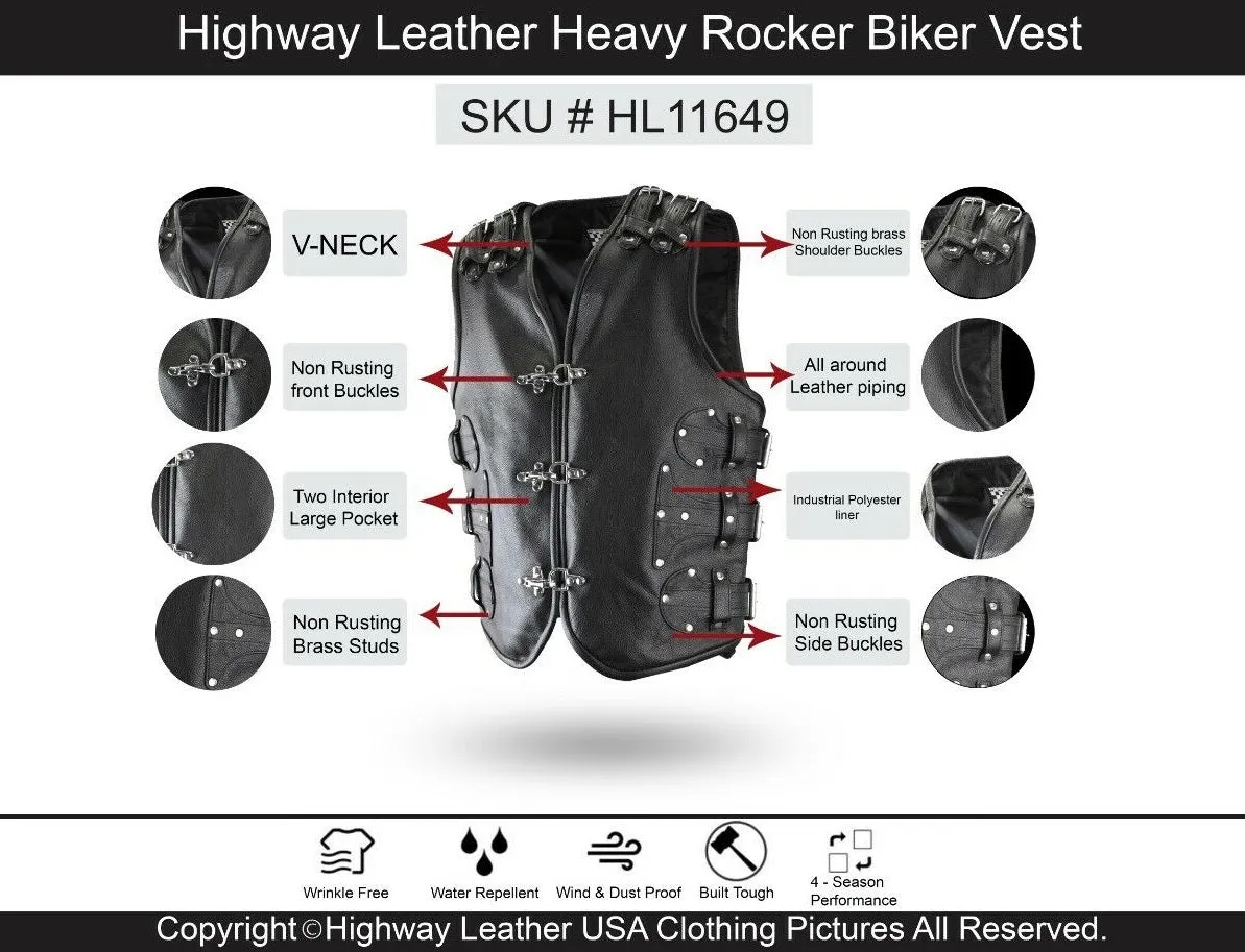 BLACK HL11649BLACK Heavy Metal Rocker Biker Waistcoat Motorcycle Leather Vest