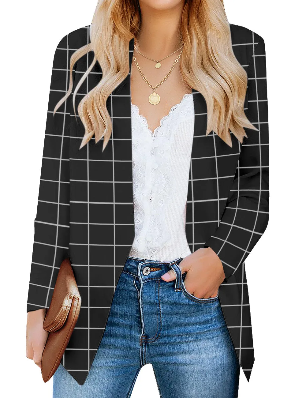 Black Plaid Open-Front Side Pockets Blazer