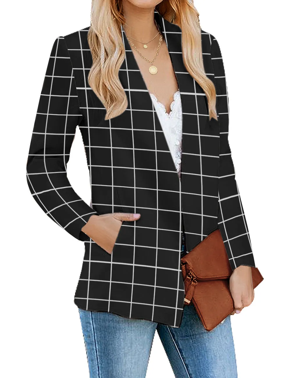 Black Plaid Open-Front Side Pockets Blazer