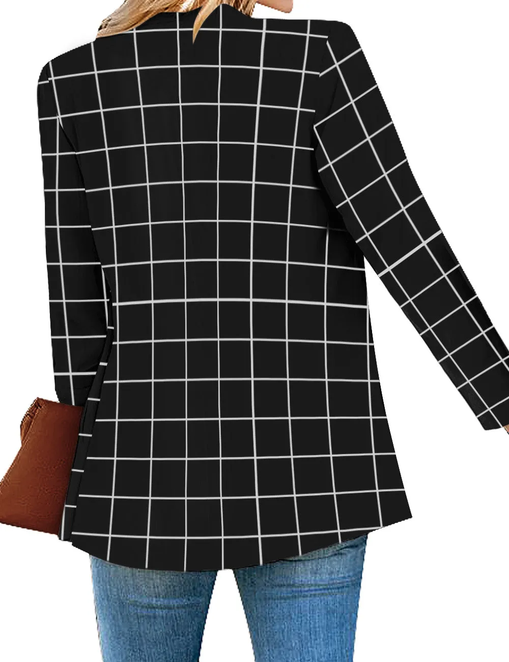 Black Plaid Open-Front Side Pockets Blazer