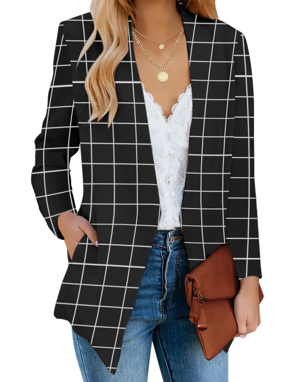 Black Plaid Open-Front Side Pockets Blazer