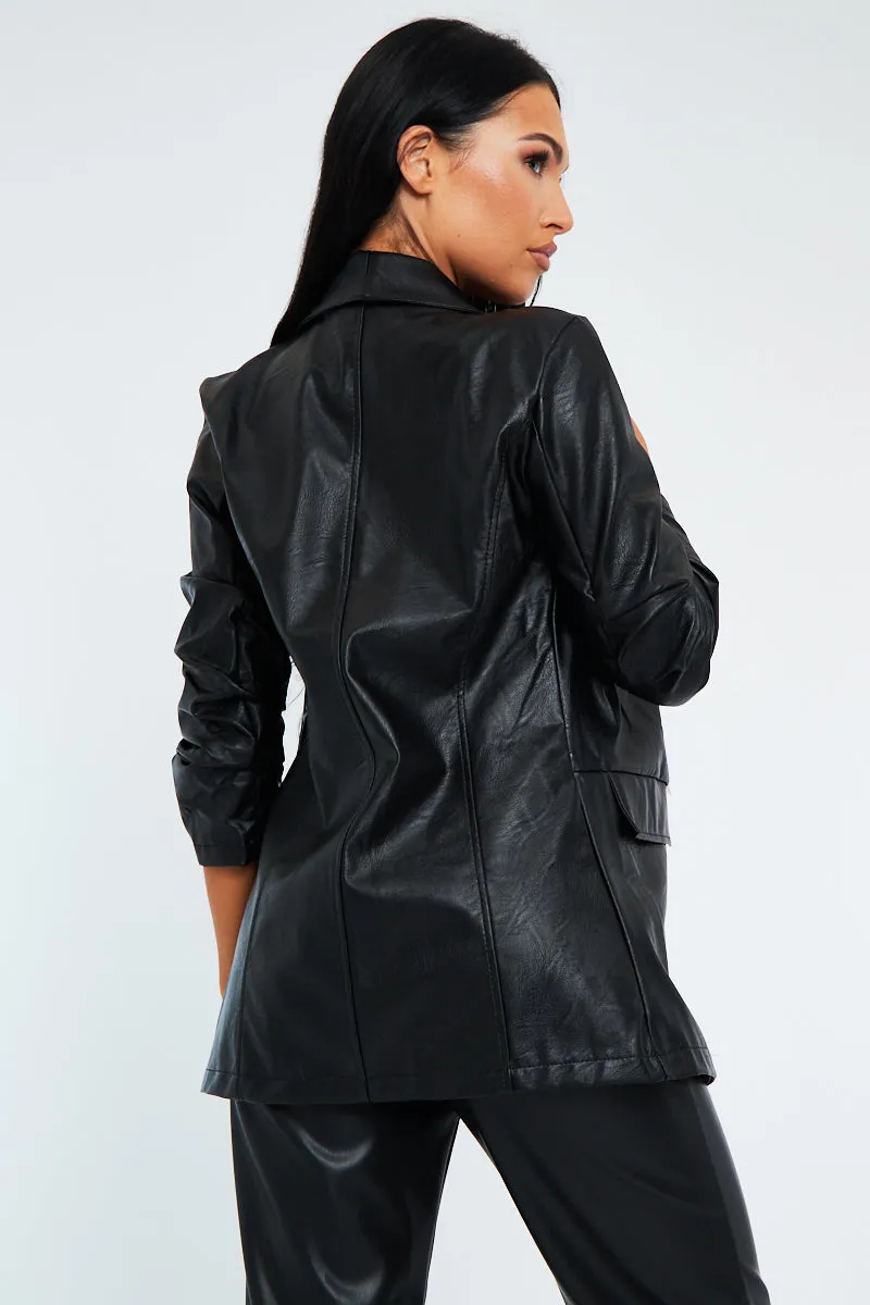 Black PU Leather Longline Ruched Sleeves Blazer - Miria