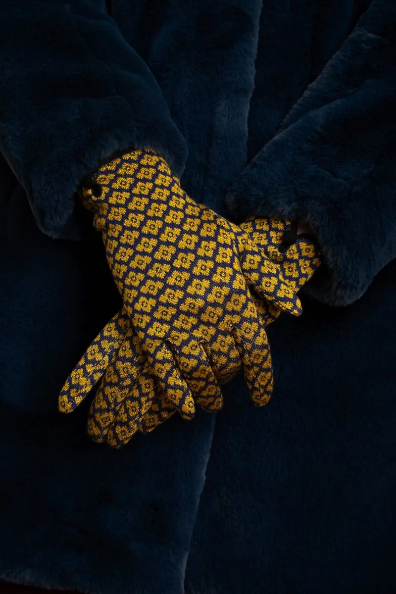 Blauw met gele print handschoen | King Louie glove Lunna peacoat blue